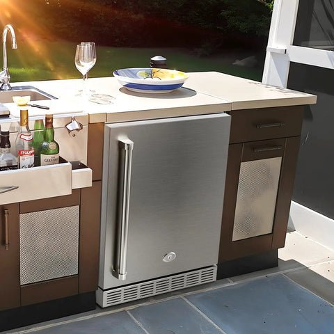 Outdoor Refrigerator Weatherproof Stainless Steel Beer Cooler Under Counter 21 Inch Beverage Fridge installed in patio kitchen.