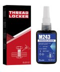 Front view of 50ml bottle and box of Medium Strength Thread Locker 243 For Bolts And Nuts, 50ml Sealant That Keeps Loosening At Bay And Fights Corrosion, High Viscosity Formula, Great For Gaps Up To 0.25mm, Quick Fixture Time And Strong Lasting Hold