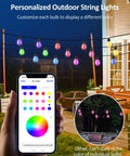 48Ft RGB Outdoor String Lights With 15 Dimmable LEDs, App Control And Music Sync, lit on a patio showing color customization on a phone.