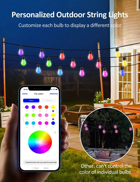 48Ft RGB Outdoor String Lights With 15 Dimmable LEDs, App Control And Music Sync, lit on a patio showing color customization on a phone.