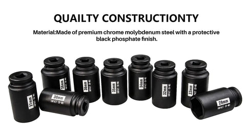 1/2 Inch Deep 6-Point Impact Socket Set For Axle Nuts 29mm-38mm, 9-Piece Cr-Mo Chrome Molybdenum Steel With Black Phosphate Finish