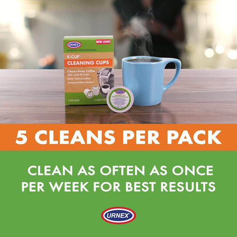 Five Pack Coffee Machine Cleaning Pods For Keurig 1.0 And 2.0 And All Single Serve Brewers That Remove Oils And Residue From Exit Needle And Spout Use Weekly Or Between Flavors box with mug and steam