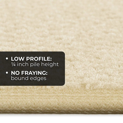 Close-up of ivory cream carpet stair tread showing low-profile 1/4 inch pile and bound edges, part of Skid Resistant Carpet Stair Treads Set Of 15 In Ivory Cream 8 X 27 Inches With No Slip Backing Easy Install Durable Plush Lookin Sharp Pet Safe For Families.