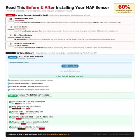 Instructions for installing Mass Air Flow Sensor with ECU idle relearn methods for optimal performance and error avoidance.