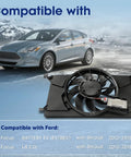 Engine Cooling Radiator Fan Assembly With Brushless Motor And Factory Shroud For Ford Focus Battery EV And 2 Point 0 Liter Engines direct swap, shown with vehicle.