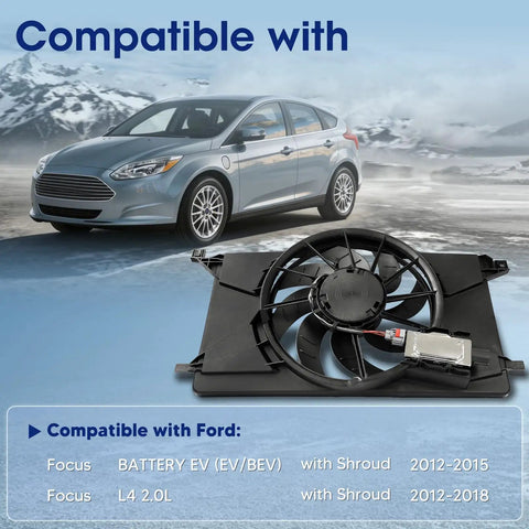 Engine Cooling Radiator Fan Assembly With Brushless Motor And Factory Shroud For Ford Focus Battery EV And 2 Point 0 Liter Engines direct swap, shown with vehicle.