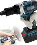 Grease Monkey Approved Cordless Rivet Gun And Heavy Duty Battery Powered Button Head Setter in use, showing battery and tool grip.