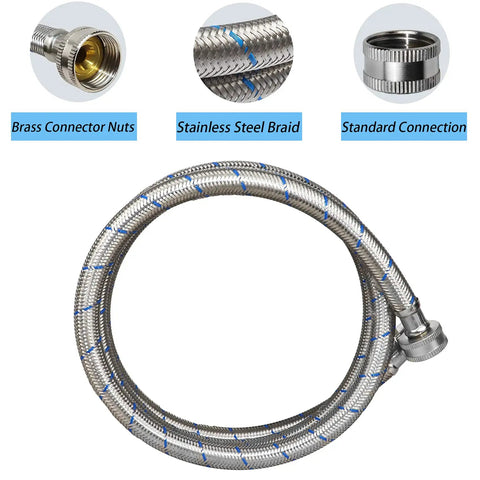 Close-up of Two Pack 15 Feet Stainless Steel Washing Machine Hoses For Hot And Cold Water Supply Burst Proof And Leak Free
