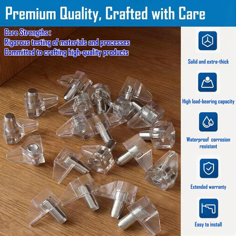 Durable Clear Plastic Shelf Pegs For Furniture Upgrades With A Quick Fix And Zero Drama 50 Piece Set Of 5 Mm Cabinet Support Pins on wooden surface.