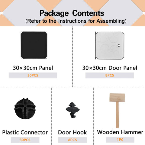 Package contents for Cube Storage Organizer With Doors Eight Cube Shelves Closet Cabinet No Fuss Setup DIY Plastic Modular Bookshelf
