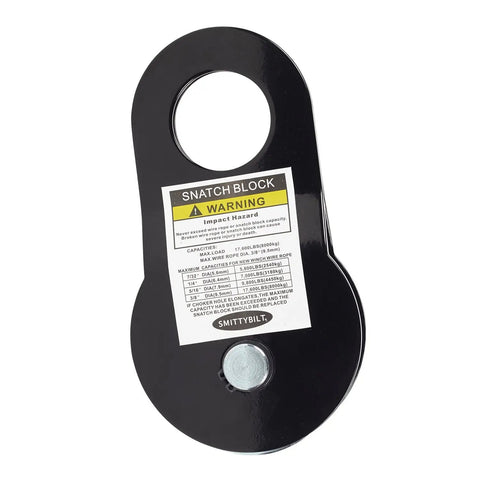 Beefy Heavy Duty Snatch Block For Winches 17,600 Lb Capacity Universal Fit Seven Thirty Two To Three Eighths Inch Cable Greasable Bearing Black Powder Coat Off Road Recovery Tool black snatch block with label