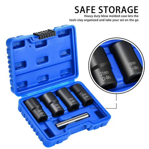 Garage Ready 5 Piece Twist Socket Set With Center Punch Bar For Stubborn Lug Nut Removal Metric 17Mm Through 22Mm set in blue case.