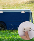 Four Pack Plastic Cooler Hinges For Igloo 50 To 165 Quart Coolers With Sixteen Screws Replacement Parts For Camping And Outdoor Ice Chests Durable Easy To Install To Restore A Leaking Lid And Extend Cooler Life, shown installed on a blue cooler with a close-up of a hinge being screwed in.