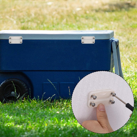 Four Pack Plastic Cooler Hinges For Igloo 50 To 165 Quart Coolers With Sixteen Screws Replacement Parts For Camping And Outdoor Ice Chests Durable Easy To Install To Restore A Leaking Lid And Extend Cooler Life, shown installed on a blue cooler with a close-up of a hinge being screwed in.