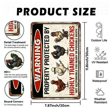 Warning Highly Trained Chickens Tin Sign For Chicken Coops And Farm Decor Funny Backyard Fence Sign Gag Gift For Chicken Lovers Weather Resistant Metal 8x12 Inch Outdoor Wall Plaque