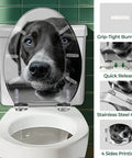 Toilet Seat Cover Elongated White Resin Bathroom Decor featuring a dog print, suitable for elongated toilets with stainless steel hinges.