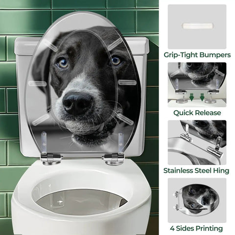 Toilet Seat Cover Elongated White Resin Bathroom Decor featuring a dog print, suitable for elongated toilets with stainless steel hinges.