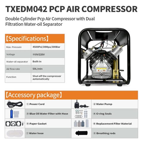 Tuxing 4500 Psi Pcp Air Compressor With Built-In Two-Stage Water-Oil Separator Filter, Auto-Stop Feature For Paintball And Scuba Tanks, 110V Power, High Pressure Performance At 30mpa Capacity