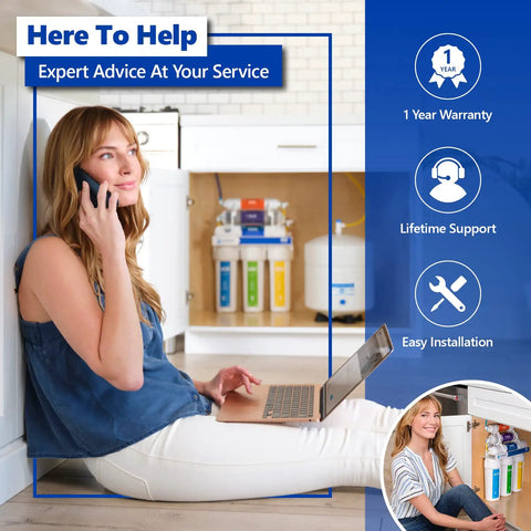 Woman on phone near under-sink installation of 1 Year Alkaline Reverse Osmosis Replacement Filter Set For Your Home With 10 Filters And 100 GPD Membrane 10 Inch Water Filter Kit For Cleaner Tasting Water.