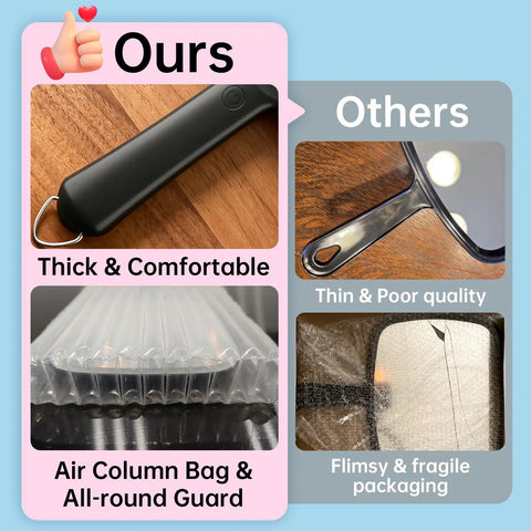 Comparison of our Lighted Handheld Mirror With Three Color Temperature And Dimmable Lights, showing thicker handle and protective packaging.