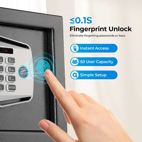 Smart Biometric Fingerprint Safe Lockbox With 3 Way Access, Electronic Keypad, hand using fingerprint sensor, close-up