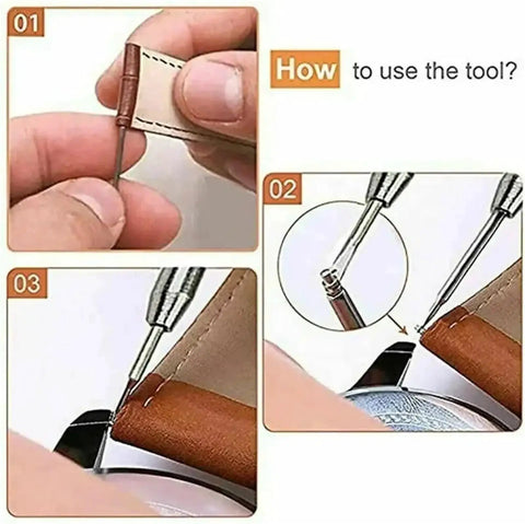 How to use Watch Band Spring Bars Repair Kit 1440 Pcs, Pro Grade Strap Link Pins Tool Set shown in step-by-step images
