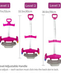 All Terrain Rolling Backpack Cart With Foldable Aluminum Trolley Adjustable Handle in three height levels, rose pink design.