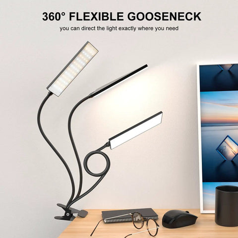Clip On LED Desk Lamp With Eye Caring Light And Metal Clip 11 Brightness Levels And 3 Color Modes USB Powered 5W Reading Lamp