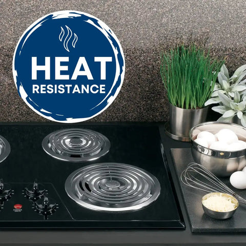 Electric Range Drip Pan Set 4 Pack OEM Quality Stovetop Spill Trays with heat resistance emblem on kitchen countertop