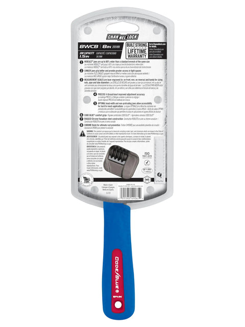 Packaging of 8 Inch Adjustable Wrench With Extra Wide Jaw Opening Up To One And A Half Inch For Big Nuts And Bolts In Tight Spaces