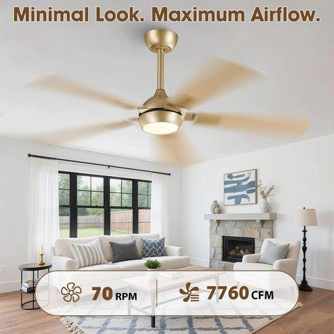 Living room with 52 Inch White Gold Ceiling Fan With Light And Remote DC Motor 6 Speeds Reversible Dimmable 3CCT LED