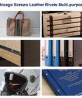 Straight-Up Chicago Studs Leather Crafting Kit With Heavy-Duty Punch Tools And Precision Screwdrivers And 100 Piece Multi-Color Binding Screw Set For Badass Diy Projects, showcasing various uses on bags, boxes, and folders.