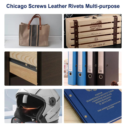 Straight-Up Chicago Studs Leather Crafting Kit With Heavy-Duty Punch Tools And Precision Screwdrivers And 100 Piece Multi-Color Binding Screw Set For Badass Diy Projects, showcasing various uses on bags, boxes, and folders.
