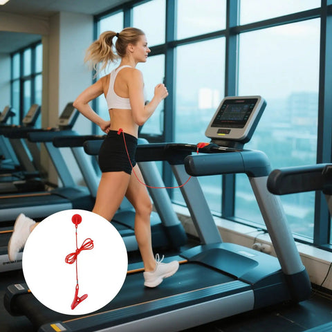 Woman running on treadmill with Two Pack Treadmill Magnetic Safety Keys Universal Round Emergency Stop Switch Replacement attached