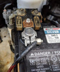 Built Tough Top Post Battery Terminal Connector Set With Positive And Negative Posts installed on car battery