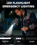 Mechanic using On The Go Portable Tire Inflator Air Compressor With Digital Gauge 160 PSI Cordless LED flashlight at night
