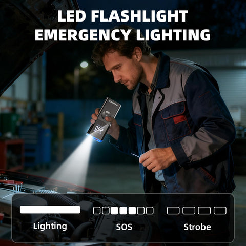 Mechanic using On The Go Portable Tire Inflator Air Compressor With Digital Gauge 160 PSI Cordless LED flashlight at night