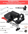 Compact Metal Concealed Hinge Jig With Quick Clamp For 35mm Cabinet Hinges, Drill Guide With Dust Adapter shown with tools