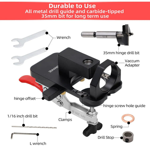 Compact Metal Concealed Hinge Jig With Quick Clamp For 35mm Cabinet Hinges, Drill Guide With Dust Adapter shown with tools