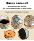 Retro Ceramic Drum Garden Stool Featuring Lively Floral Bird Details And Smart Shoe Compartment Great For Front Step Seating Or Living Room Hangouts A Totally Legit Home Staple That Drops Major Style Vibes, showcasing bamboo top and colorful bird patterns.