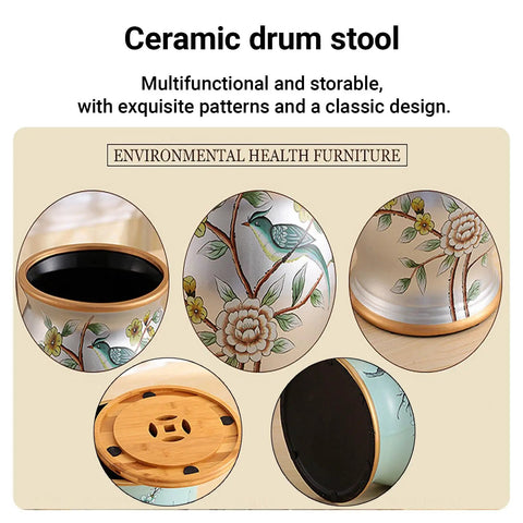 Retro Ceramic Drum Garden Stool Featuring Lively Floral Bird Details And Smart Shoe Compartment Great For Front Step Seating Or Living Room Hangouts A Totally Legit Home Staple That Drops Major Style Vibes, showcasing bamboo top and colorful bird patterns.