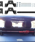 Ride Ready High Lift Jack Mount Kit With Two Heavy Duty Farm Jack Brackets And Protective Cover Caps Plus Secure Hook Loop Strap mounted on vehicle interior.