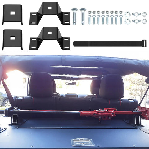 Ride Ready High Lift Jack Mount Kit With Two Heavy Duty Farm Jack Brackets And Protective Cover Caps Plus Secure Hook Loop Strap mounted on vehicle interior.