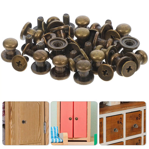 50 Piece Vintage Zinc Alloy Drawer Knobs straight up durable mini cabinet hardware pulls for boxes and dressers shown in antique bronze finish.