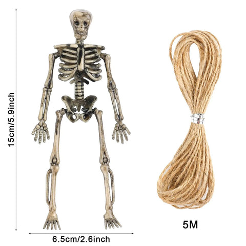 Six Pack Five Point Nine Inch Poseable Mini Skeleton Figurines Distressed Plastic Skeletons with jute rope for decor