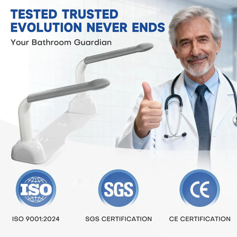Rock Solid Bathroom Safety Grab Bar With Heavy Duty Foldable Toilet Assist Rail That Handles 480 Pounds for Seniors, showing a sturdy design.