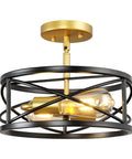 Semi Flush Mount Ceiling Light Fixtures With Two Lights, modern industrial farmhouse drum cage style, black and gold finish