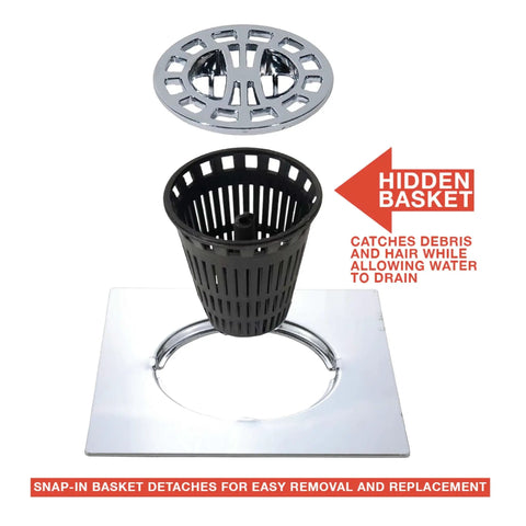 Square Shower Drain Hair Catcher Works Like A Charm By Trapping Every Stray Hair Before It Gets Into Trouble Smooth Chrome Finish with snap-in basket.