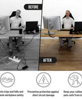 Before and after of under desk cable management net installation demonstrating hidden cord setup for tidy home office.