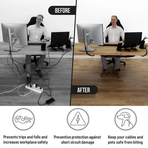 Before and after of under desk cable management net installation demonstrating hidden cord setup for tidy home office.